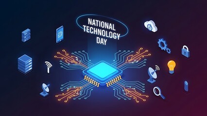 National Technology Day Celebration with Futuristic Circuit Board and Icons.