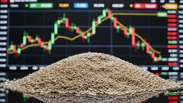 A pile of sesame seeds in front of a dynamic stock market chart.