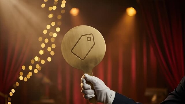 Auctioneer Holding Paddle With Tag Icon on Stage for Bidding Process