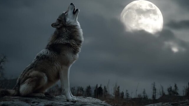 A lone wolf on a rocky outcrop howls at a full moon beneath a cloudy, cold night sky, haunting dusk