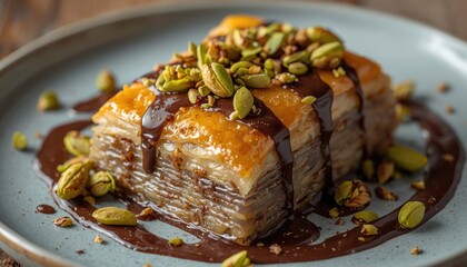 Baklava dessert with chocolate sauce and pistachios served on a plate for a sweet treat