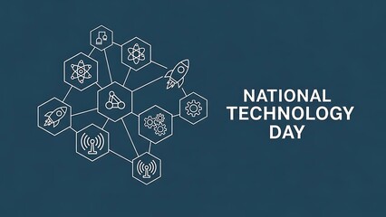 National Technology Day Celebration with Scientific Icons and Rocket.