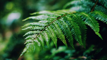 Vibrant green fern frond displays intricate details against a soft, dark background