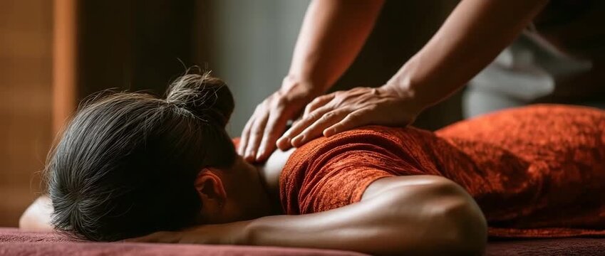A young woman client receives a traditional Thai massage from a female therapist.