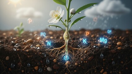 Growth of a Plant with Nutrient Elements in Soil and Water Droplets Reflecting Sunshine