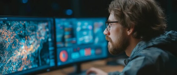 To detect and reduce cyber hazards affecting business operations, cybersecurity experts keep an eye on threat warnings on computer monitors. - Powered by Adobe