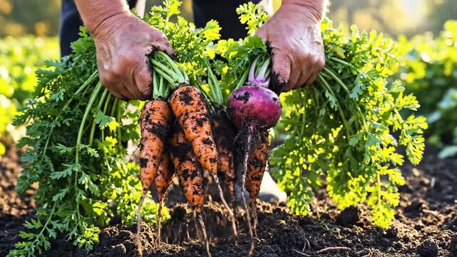 Hands pulling freshly harvested vegetables from rich, dark soil.
