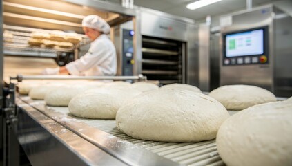 Bread production line in a modern factory rows of raw dough loaves are moving along a stainless steel conveyor belt towards a large industrial oven with a warm orange glow.