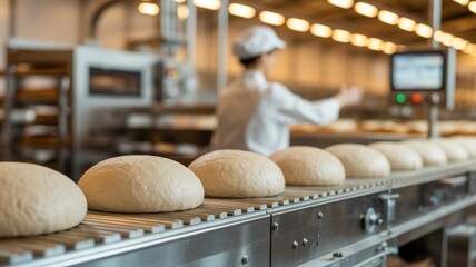 Baker wearing a hairnet and white uniform is monitoring the automated production line near a machine with a digital control screen.