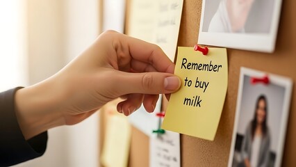 Hand adding reminder note to a bulletin board, focusing on daily tasks and organization.