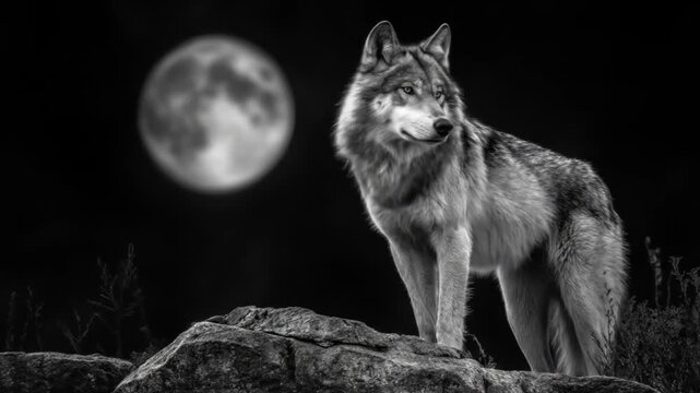 A lone wolf stands on a jagged rock beneath a luminous full moon, night winds whispering softly now