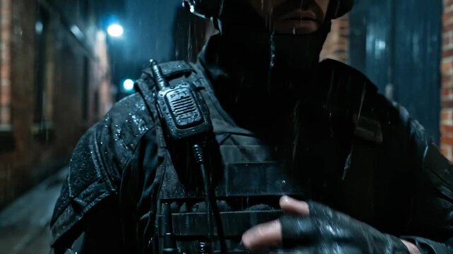 Tactical Officer Activates Radio Communicator in a Rainy Urban Alleyway
