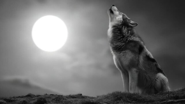 A lone wolf howls at a bright full moon, silhouetted by dark clouds over rocky rugged cliff terrain