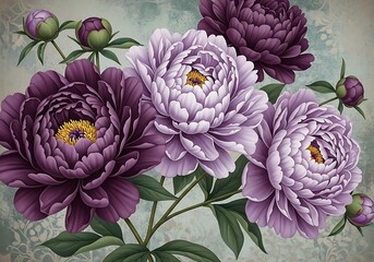 A stunning display of purple and lavender peonies in full bloom with unopened buds