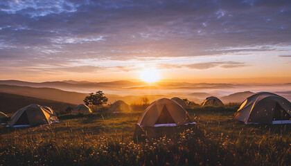 Pixelated Tents on Grassy Hillside at Sunrise with Distant Cityscape and Golden Light Rays Illuminating the Mist
