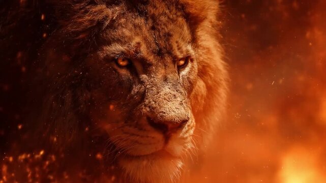 Closeup of a regal lion's face amid roaring flames, fiery embers and ash in orange glow,intense heat