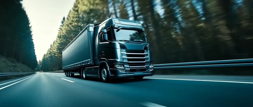 A car travels quickly between trees on an asphalt road. Cargo is transported by vehicle on a freeway