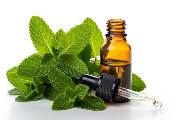 Fresh mint leaves and an amber bottle with essential oil dropper for natural health
