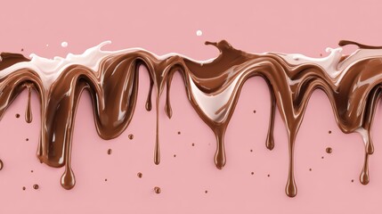 A close-up view of melted chocolate and white cream dripping down against a pastel pink background, creating a whimsical effect