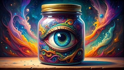 A vibrant digital artwork features a mason jar with a giant eye in it, surrounded by colorful, swirling psychedelic patterns