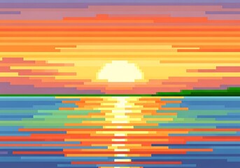 A stylized pixel art sunset creating a vibrant and colorful reflection on the water's surface