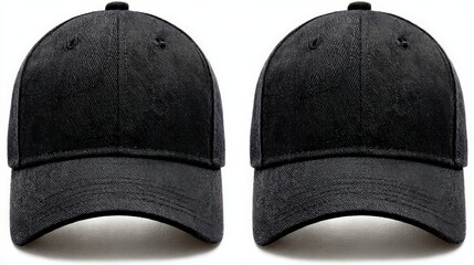 Two identical dark fabric baseball caps displayed side by side on a white background