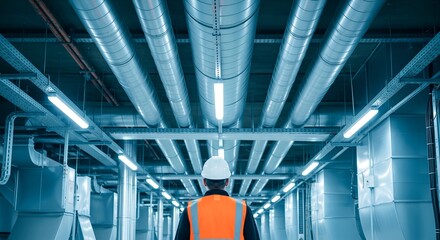 Worker inspecting industrial pipes and ventilation system