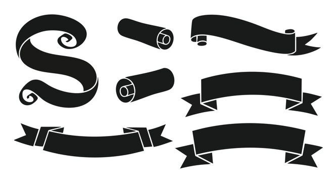 Collection of black ribbon banners and ornate scroll shapes isolated on a clean white background for design asset illustration