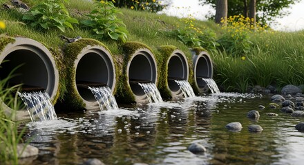 Water flowing from multiple drainage pipes into a natural stream