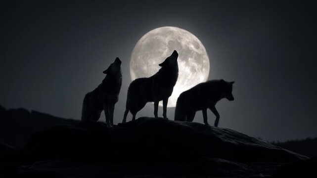 Three wolves howl silhouettes on a rugged ridge beneath a luminous full moon, casting eerie shadows