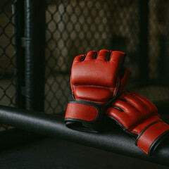 Red MMA gloves in a MMA cage