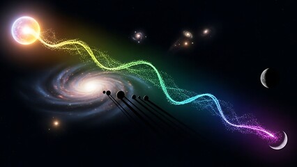 Cosmic journey of light and celestial bodies through a vibrant galaxy