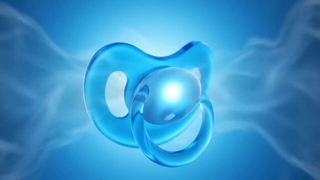 A striking blue baby pacifier glows under soft ethereal light, symbolizing comfort and innocence