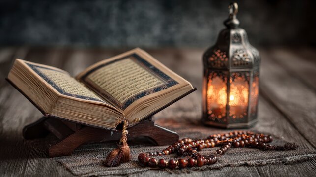 A close-up view presents an open holy book with intricate script, a lit candle lantern, and prayer beads on wood - Powered by Adobe