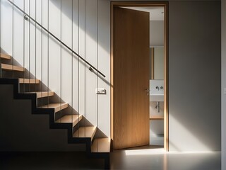 Minimalist staircase design contrasting with an open door revealing a space