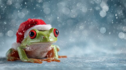 A vibrant green amphibian, wearing a festive red Santa hat, sits against a blurred, snowy backdrop with bokeh