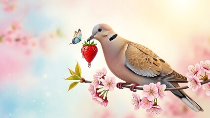 Gentle dove perched on a blooming branch, a butterfly flirts with a ripe strawberry.