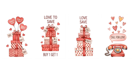 Valentines day shopping and love themed illustrations on transparent background