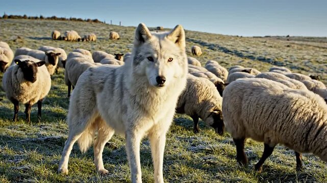 A wolf stands among grazing sheep in a serene rural landscape.