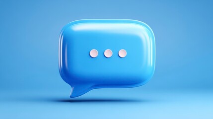 Fototapeta premium A vibrant, 3D rendered, light blue speech bubble floats against a matching backdrop. Three small, pink dots sit within the bubble