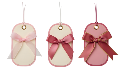 Three pink and red gift tags with bows on transparent background for valentines day or birthday celebrations looking lovely always