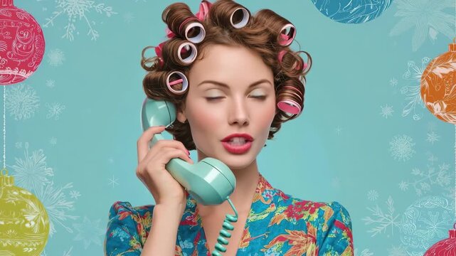 Generative AI. Woman with vintage curlers, wearing a cozy robe, is talking on a retro phone against a festive background adorned with colorful ornaments and snowflake patterns