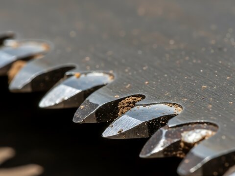 Close-up of a Circular Saw Blade with Visible Residue on the Teeth - Powered by Adobe