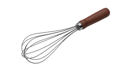 Whisk with wooden handle in studio lighting on white background for kitchen utensils