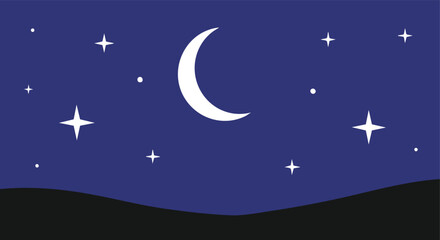 Naklejka premium Celestial crescent moon and scattered stars adorn a deep blue night sky above a dark silhouette of land