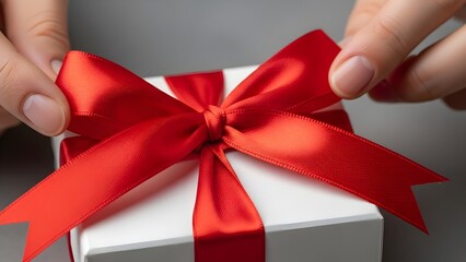 Gift Packaging: Close-up of Red Satin Ribbon Bow on a White Gift Box