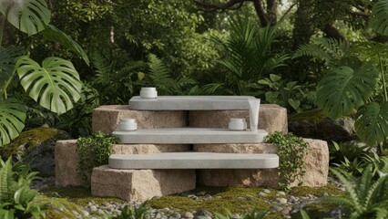 Modern Outdoor Display Stand with Natural Stones and Lush Green Foliage in Jungle Setting