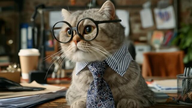 A studious tabby cat in round glasses and a striped collar sits amid papers and coffee!!! at a desk
