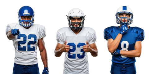Three Male Teenage Football Players in Various Jerseys Displaying Team Spirit and Athletic Poses