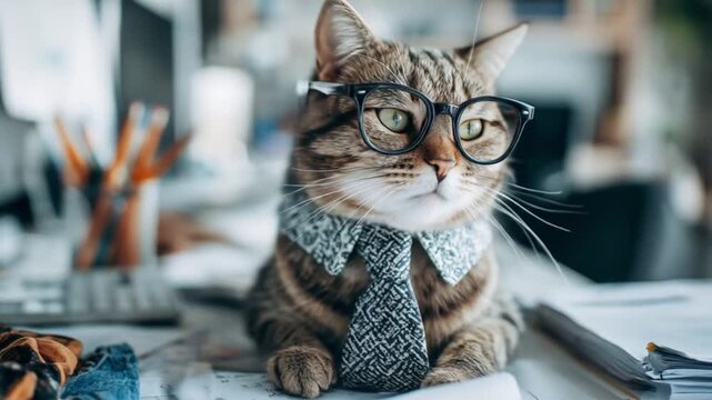 Adorable tabby with glasses and a knitted tie sits amid scattered papers at a busy desk, today, now.